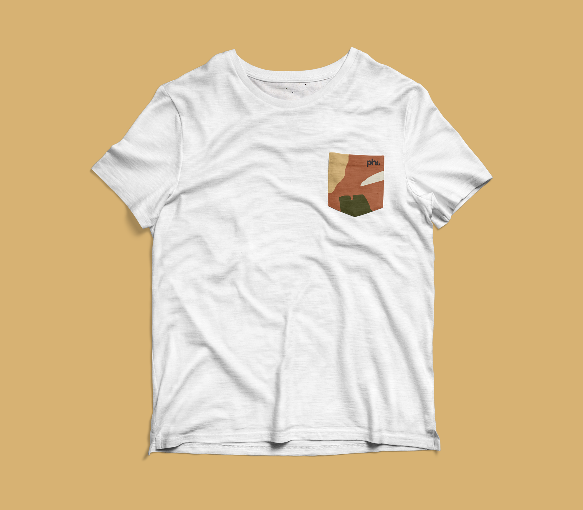 White t-shirt with visual elements of the branding where the pocket should be.